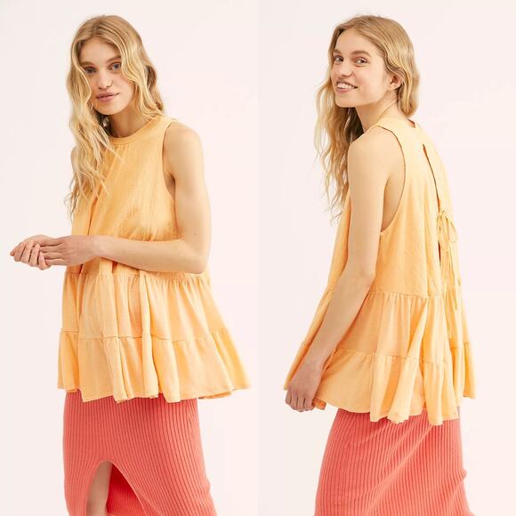 Free People Right on Time Tiered Linen-Blend Boho Beachy Tunic Apricot Orange - Picture 1 of 10